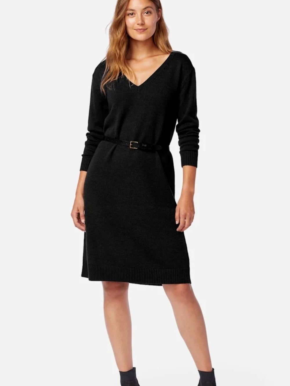 Pendleton Merino Wool Sweater Dress Midi Size XS Petite Tall Black V Neck